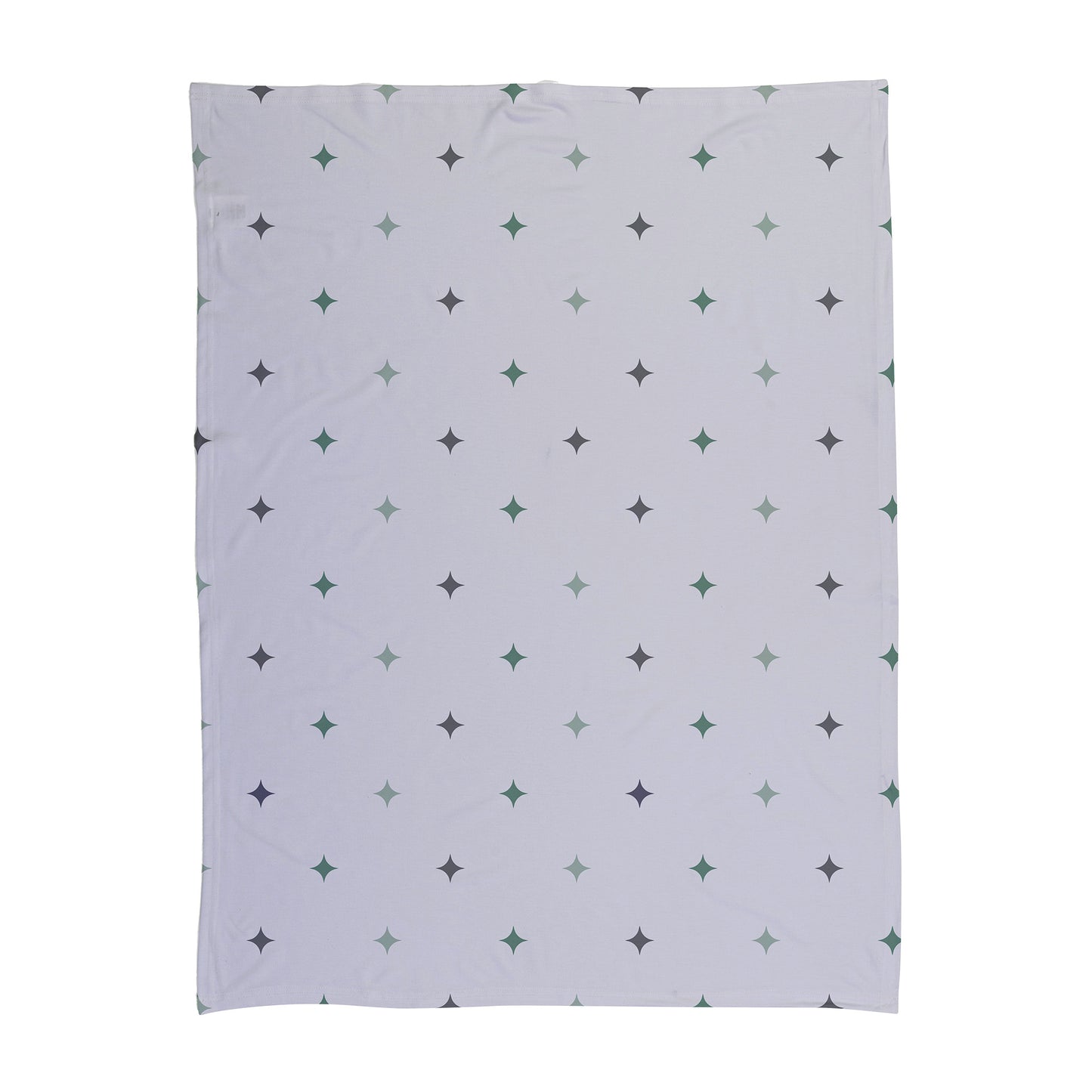 Green and purple star pattern printed on a baby swaddle.