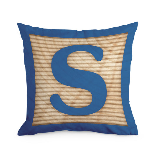Custom pillow with a blue border and wooden block design featuring the letter 'S'