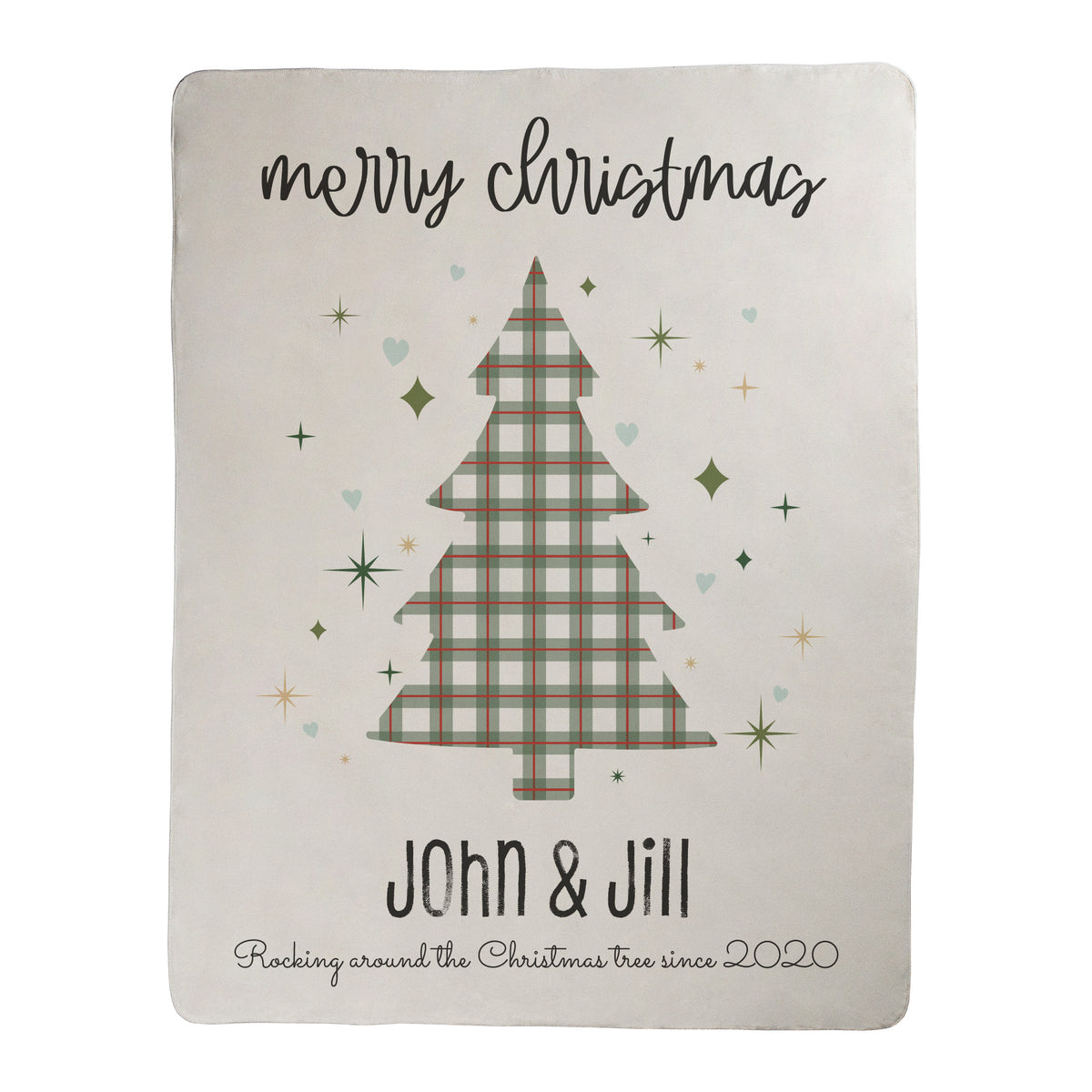 Plaid tree design with 'Merry Christmas' text at the top with custom text at the bottom of the tree printed on a sherpa fleece backed blanket.