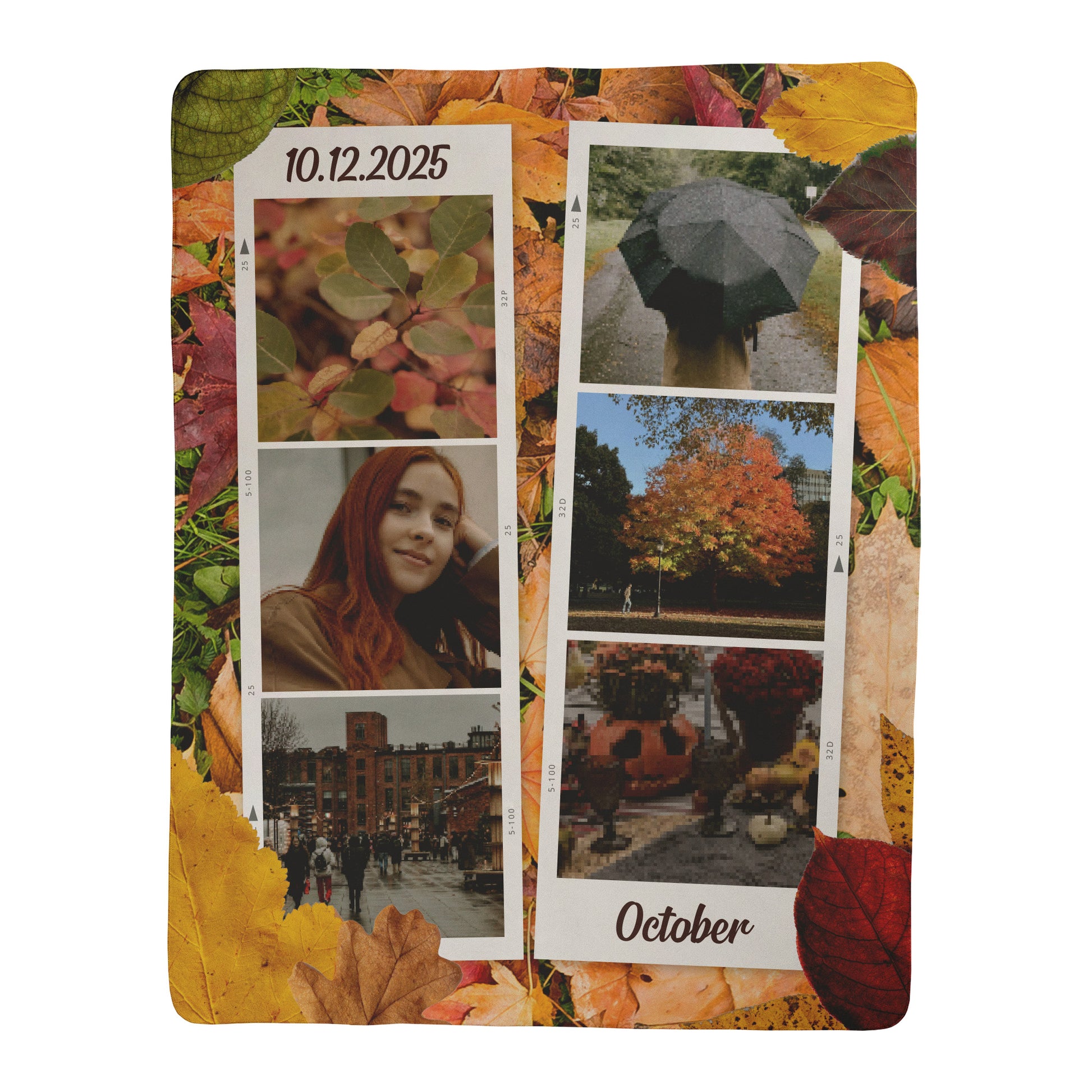 Personalized photo calendar with autumn-themed design and scenic images.