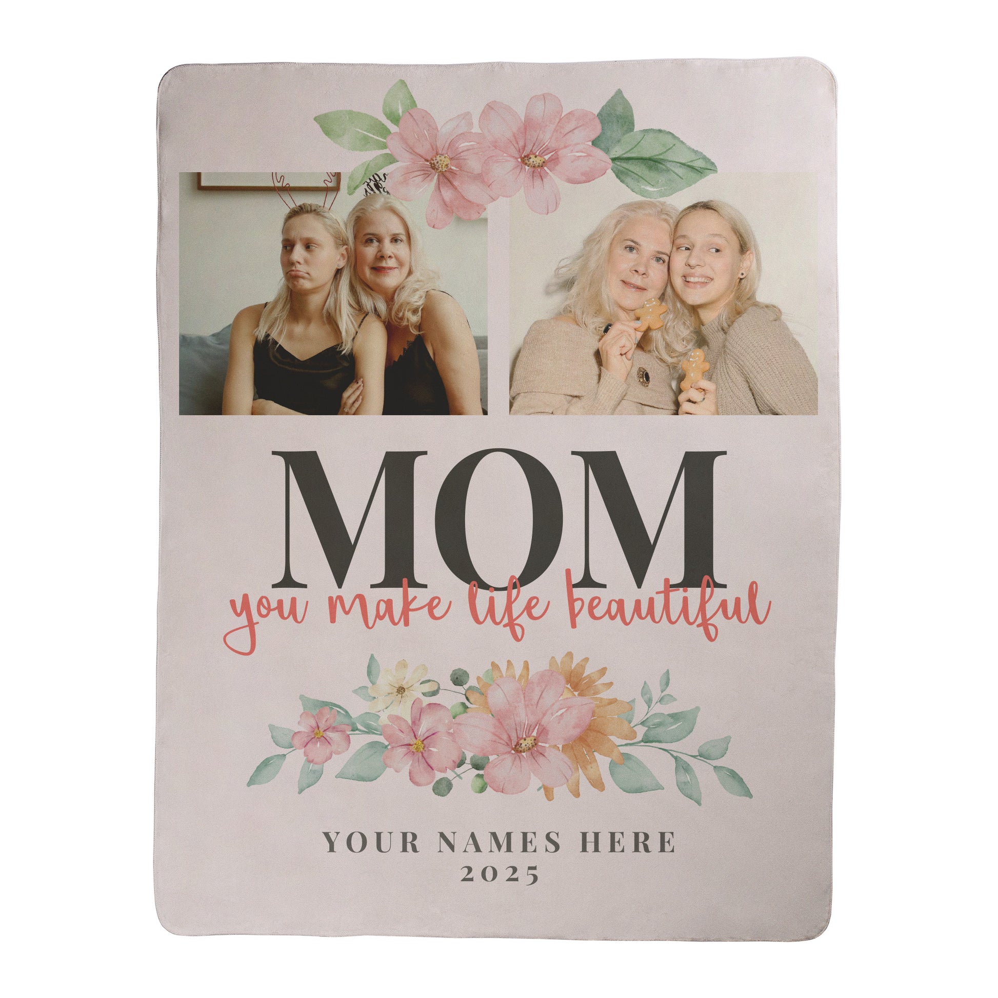Personalized 2 photo Mother's Day design printed on a sherpa fleece backed blanket.