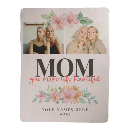Personalized 2 photo Mother's Day design printed on a sherpa fleece backed blanket.