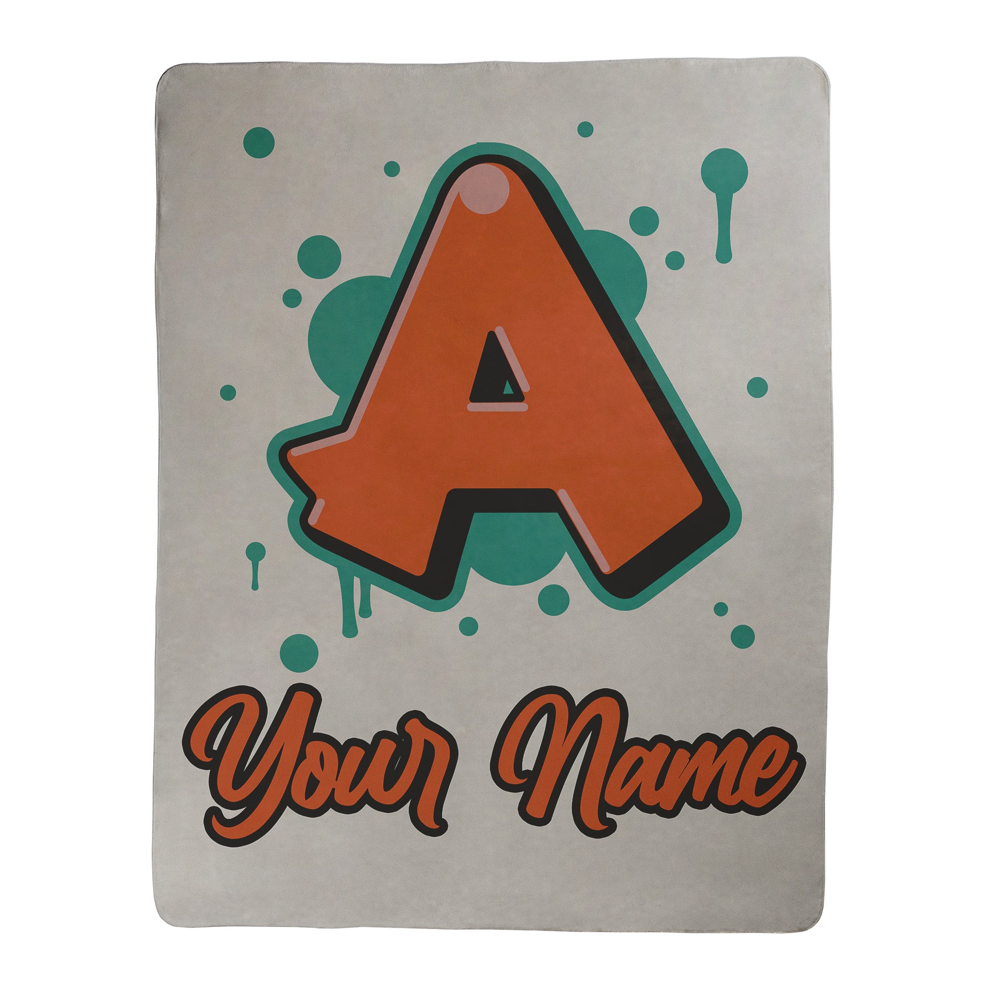 Graffiti style design with customization for a letter and text underneath, printed on a white sherpa fleece blanket.