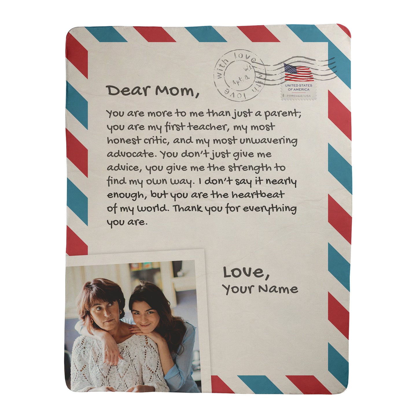 Personalized blanket with letter to mom text and photo printed on a sherpa fleece backed blanket.