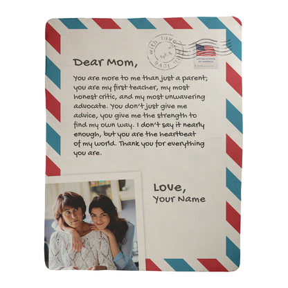 Personalized blanket with letter to mom text and photo printed on a sherpa fleece backed blanket.