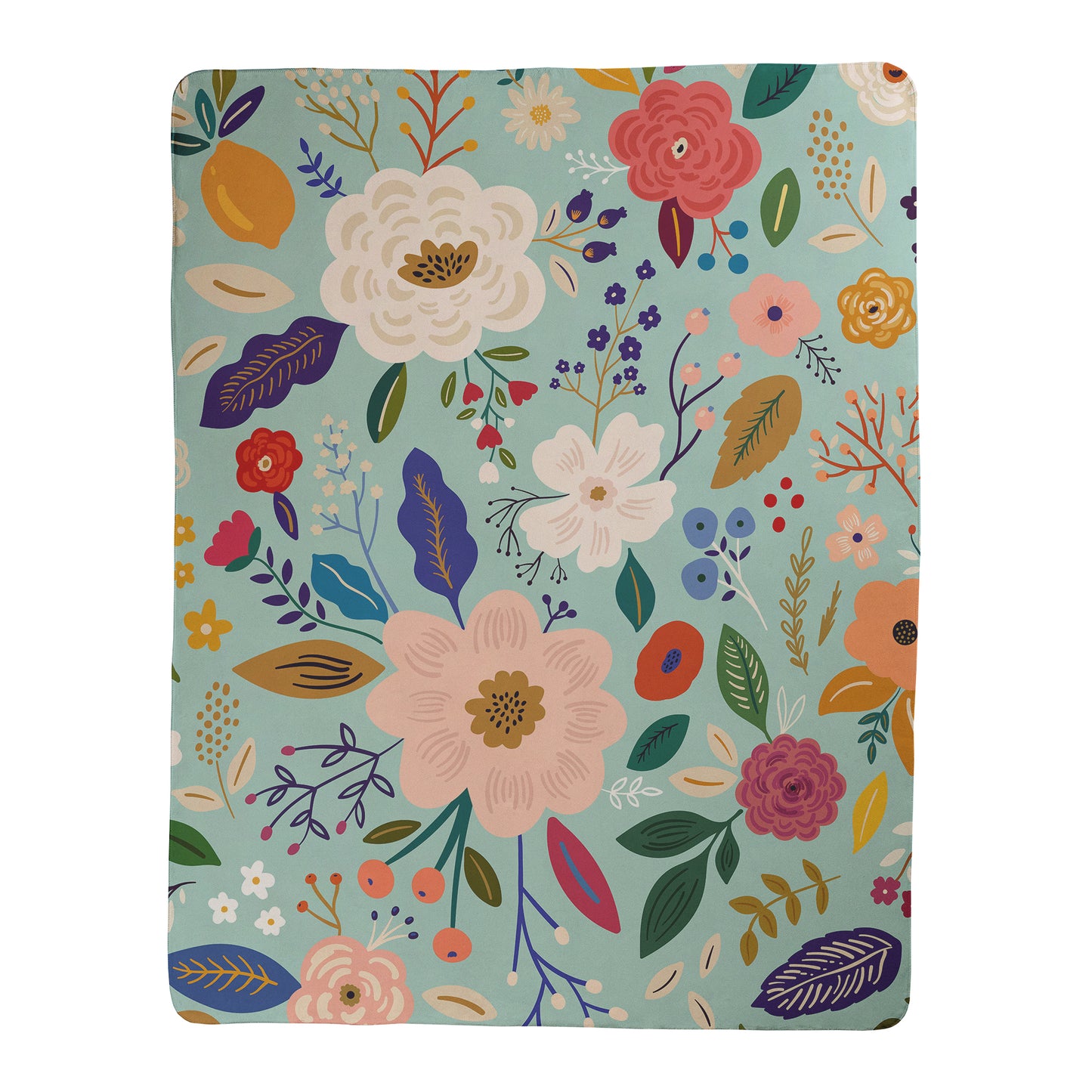 Floral patterned blanket with colorful flowers and leaves on a light blue background printed on sherpa fleece backed blanket.