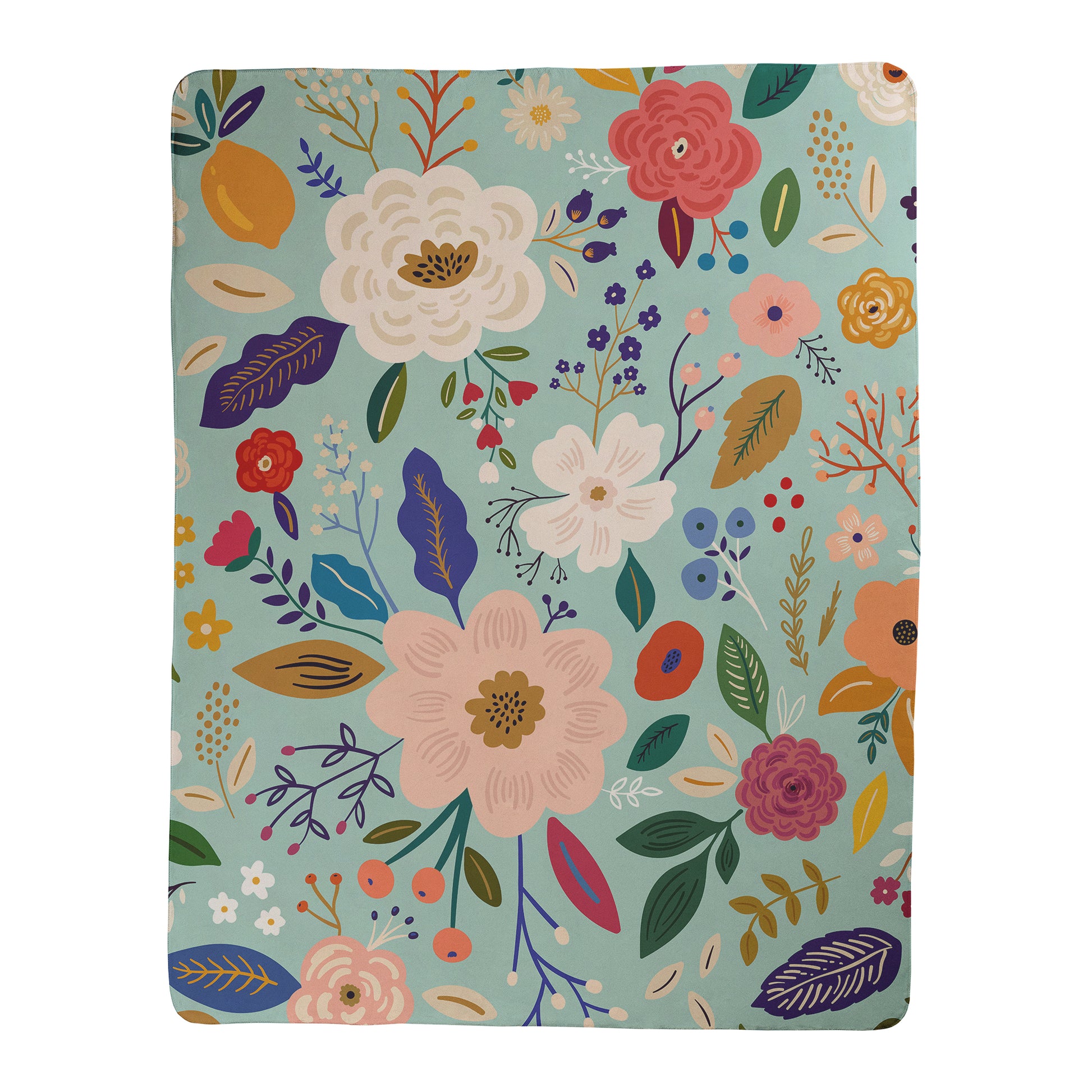 Floral patterned blanket with colorful flowers and leaves on a light blue background printed on sherpa fleece backed blanket.