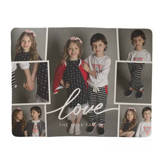 Collage of children in outfits with 'love' and custom family name text on a gray background