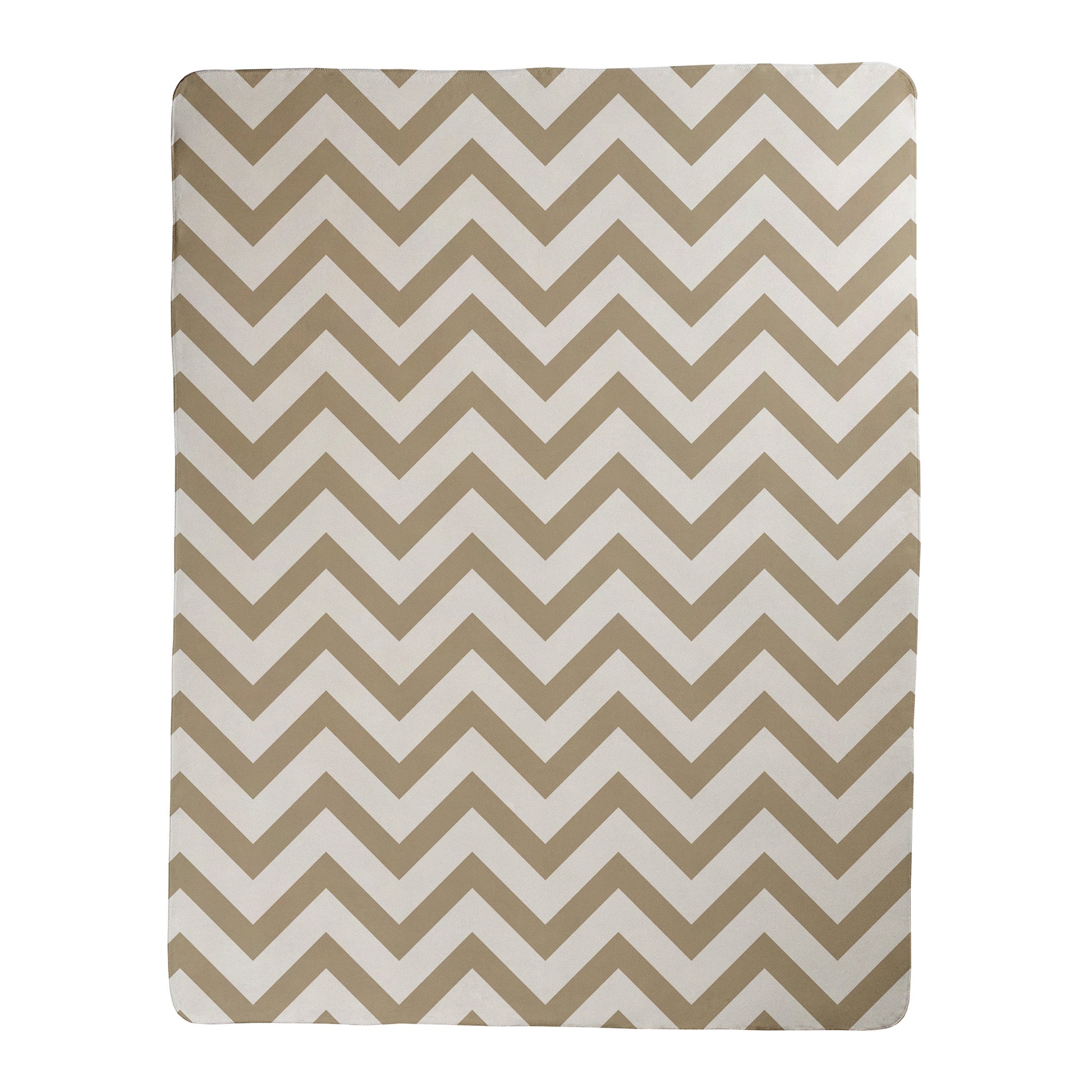 Beige and white chevron pattern design printed on a sherpa fleece backed blanket.