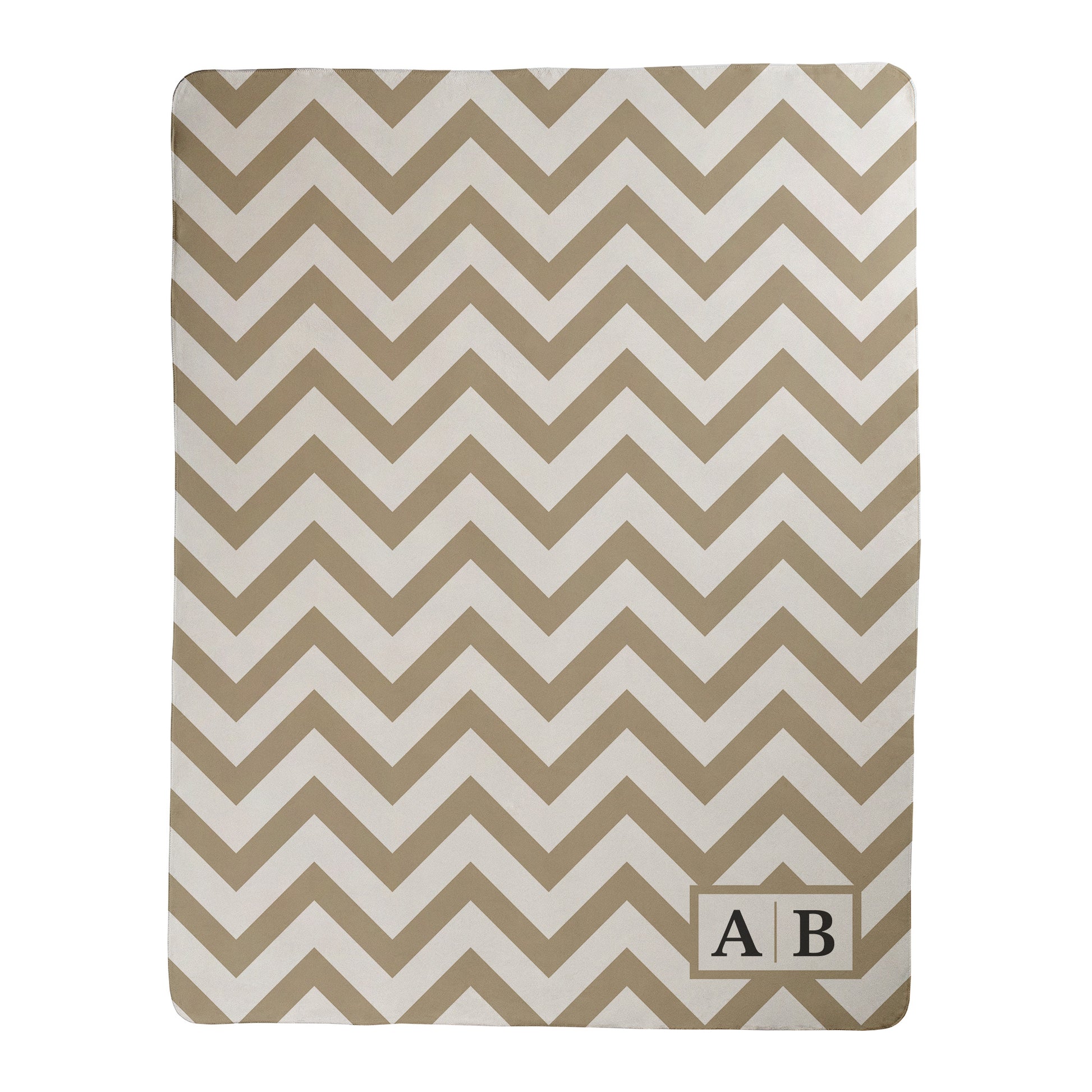 Beige and white chevron pattern design with personalized 2 letters printed on a sherpa fleece backed blanket.