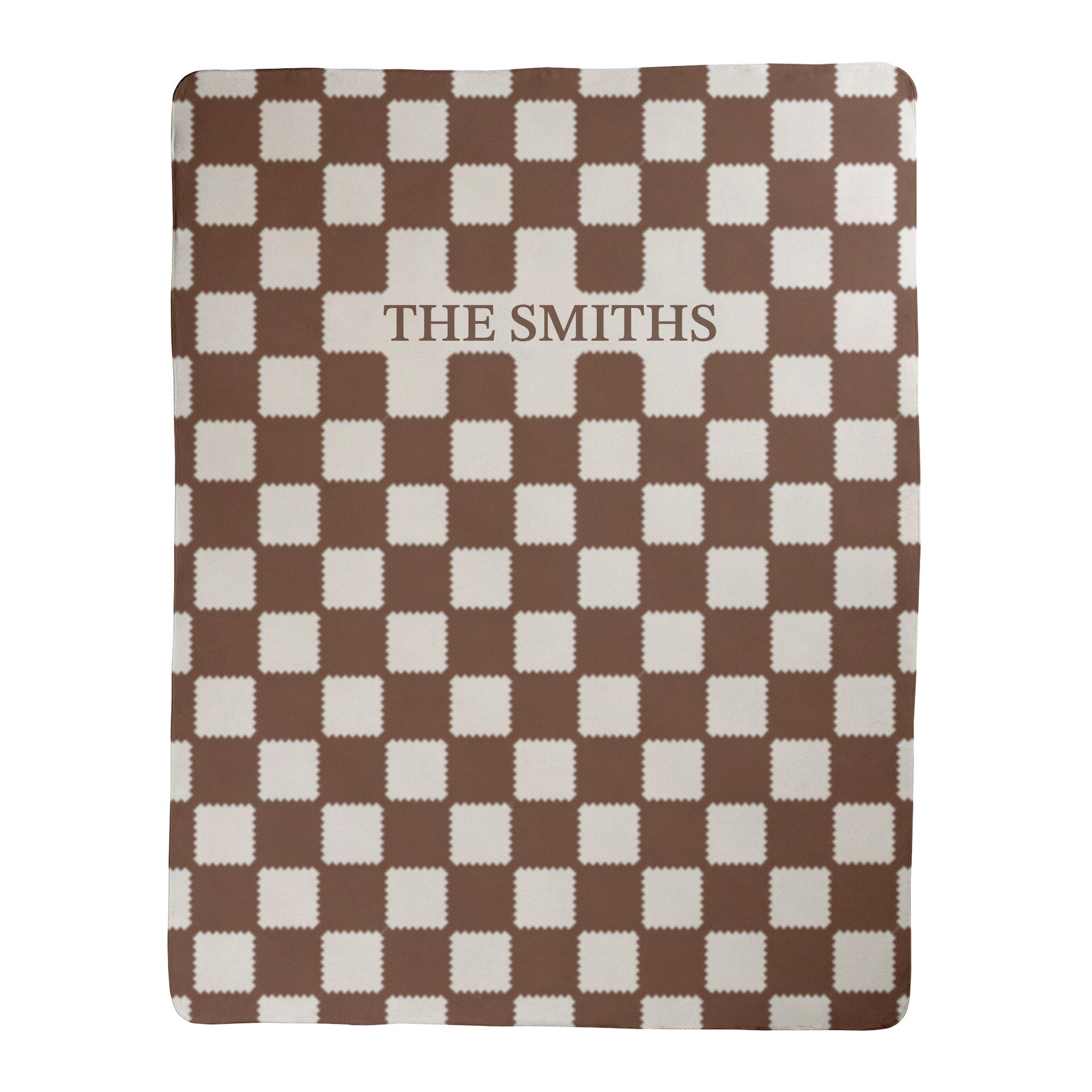 Brown and white checkered pattern design with space for custom text printed on the front side of a sherpa fleece blanket.