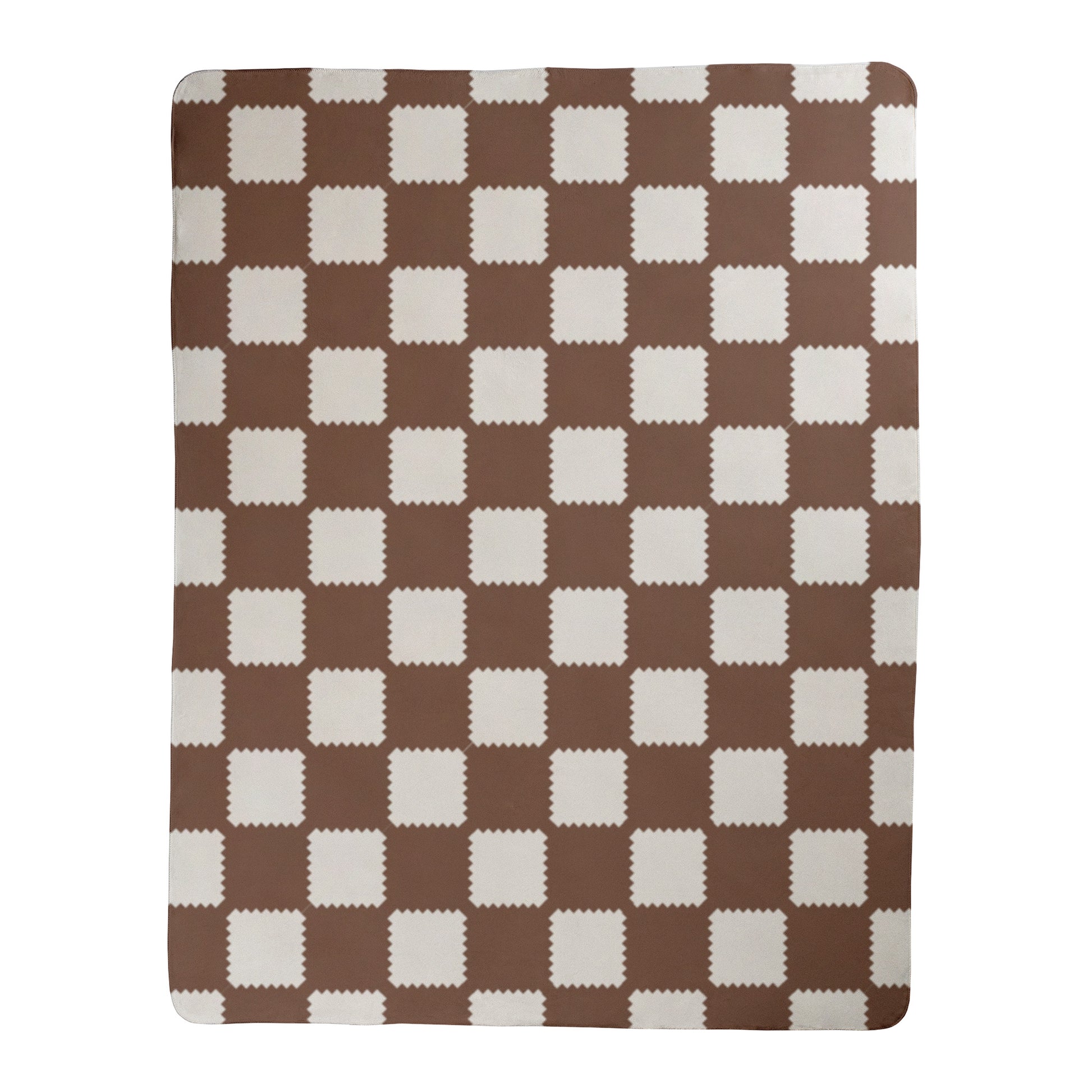 Brown and white checkered pattern design printed on a sherpa fleece blanket.