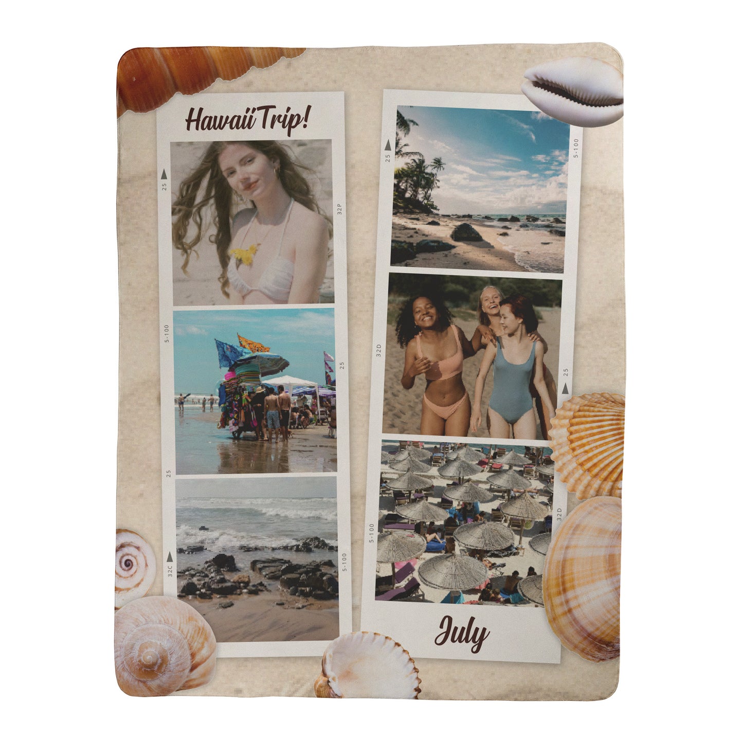Memorial photo album with 'Hawaii Trip!' and 'July' text, surrounded by seashells.
