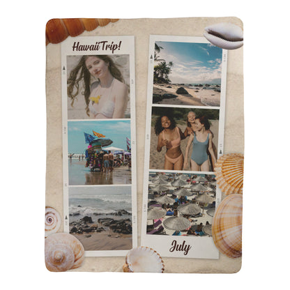 Memorial photo album with 'Hawaii Trip!' and 'July' text, surrounded by seashells.