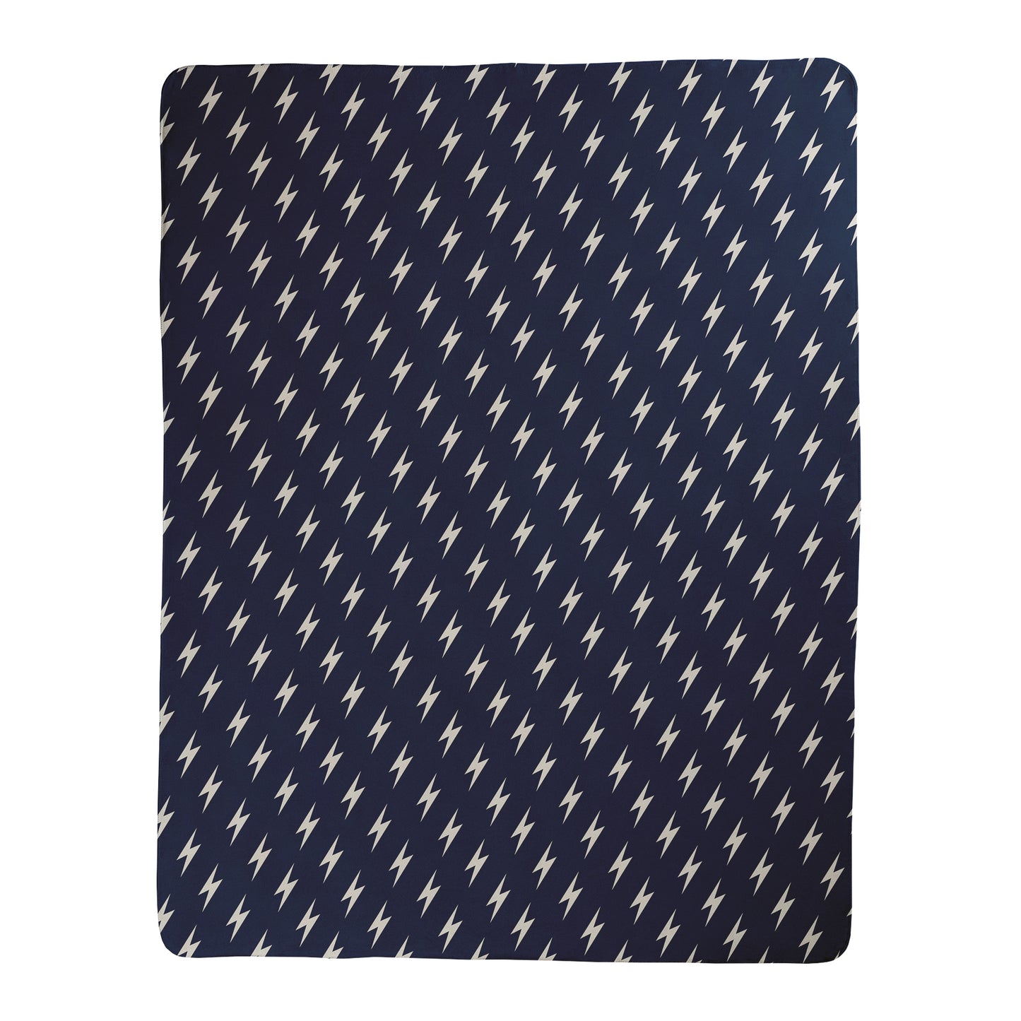 Navy background with white lightning bolt pattern printed on a sherpa fleece backed blanket.