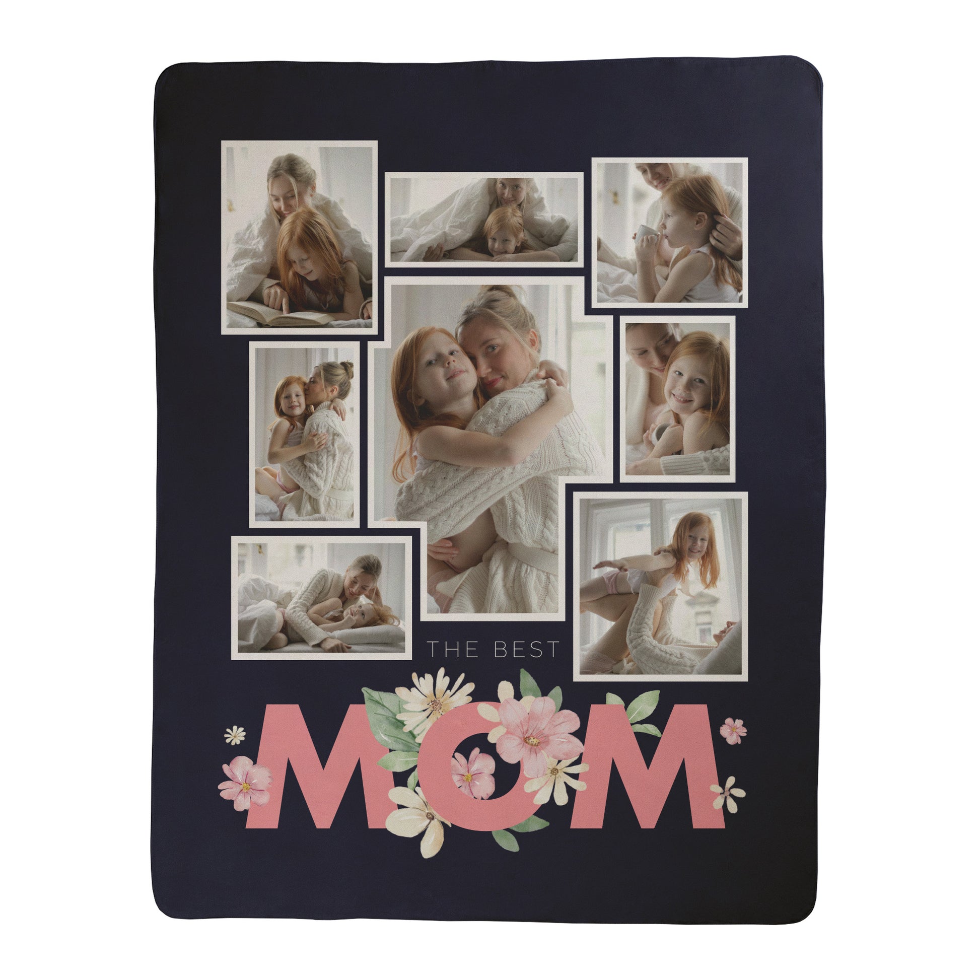 Personalized photo collage blanket with 'The Best Mom' text and floral design printed on a sherpa fleece backed blanket.