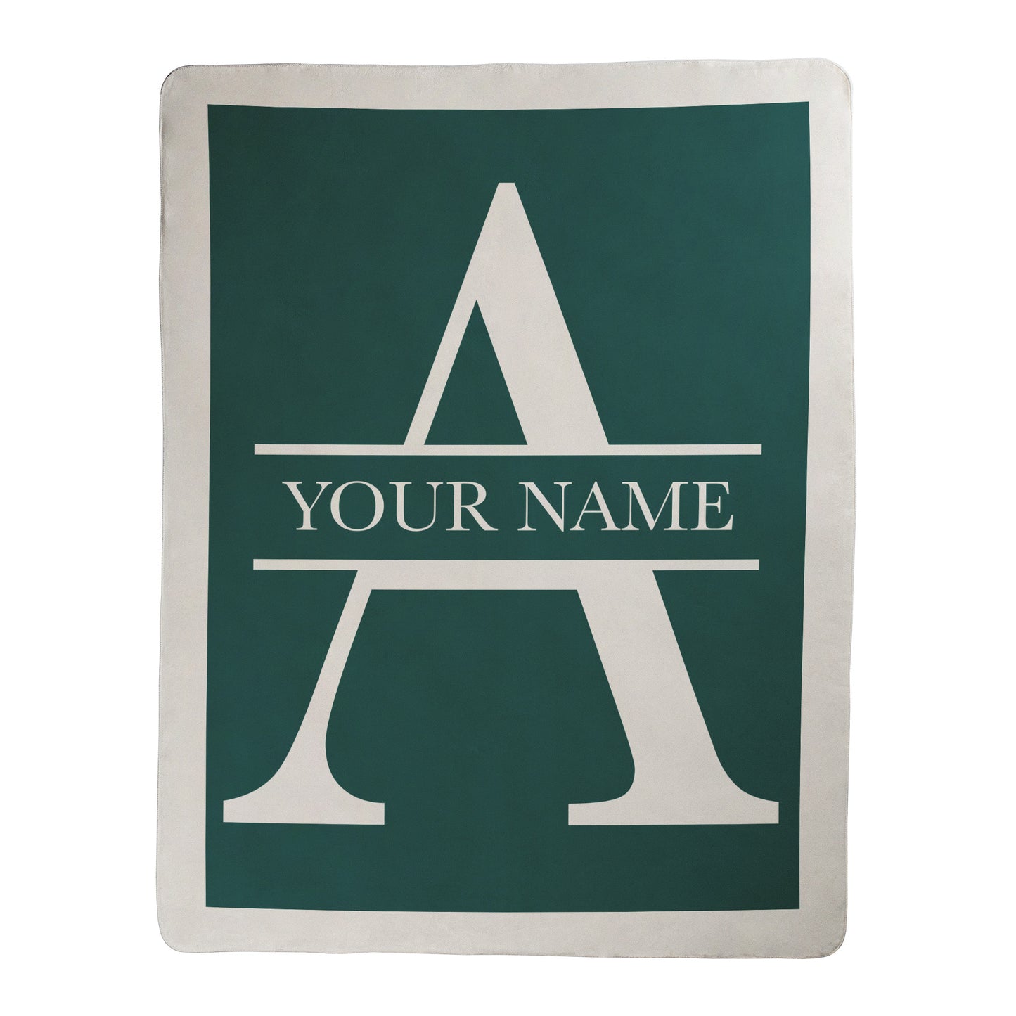 Blanket with a large white letter 'A' and space for example text on a green sherpa fleece blanket with rounded edges