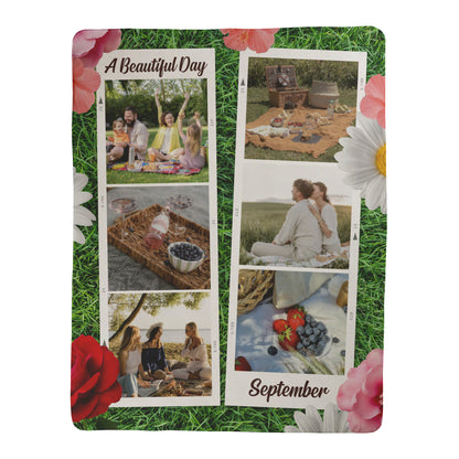 Calendar with photos of people at a picnic on a grass background with flowers.