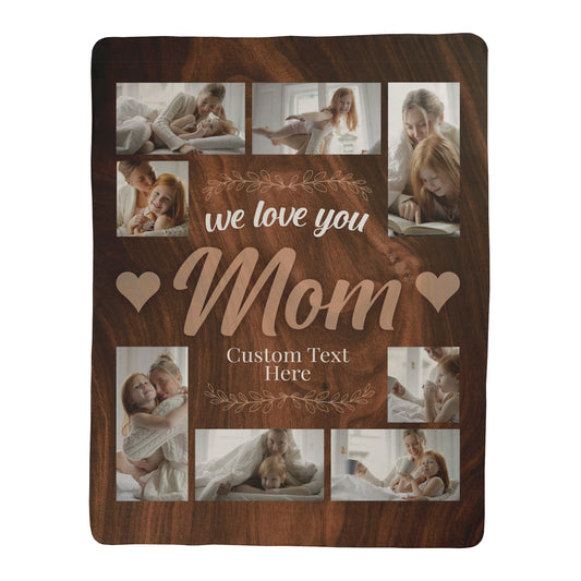 Personalized 8 photo collage blanket for Mom's printed on a sherpa fleece backed blanket.