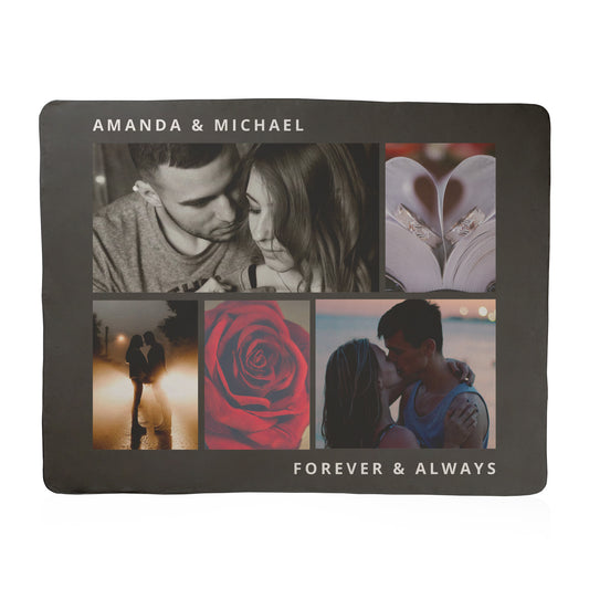 Personalized photo collage frame with images of a couple and example text 'Amanda & Michael Forever & Always' on a rounded edge blanket
