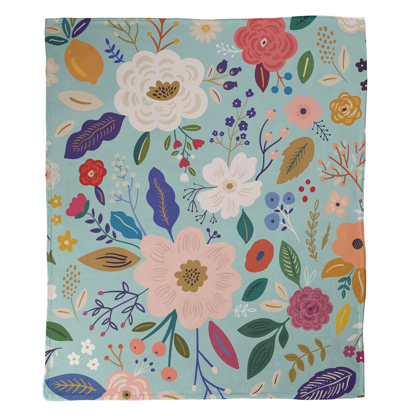 Floral patterned blanket with colorful flowers and leaves on a light blue background printed on minky fleece blanket.