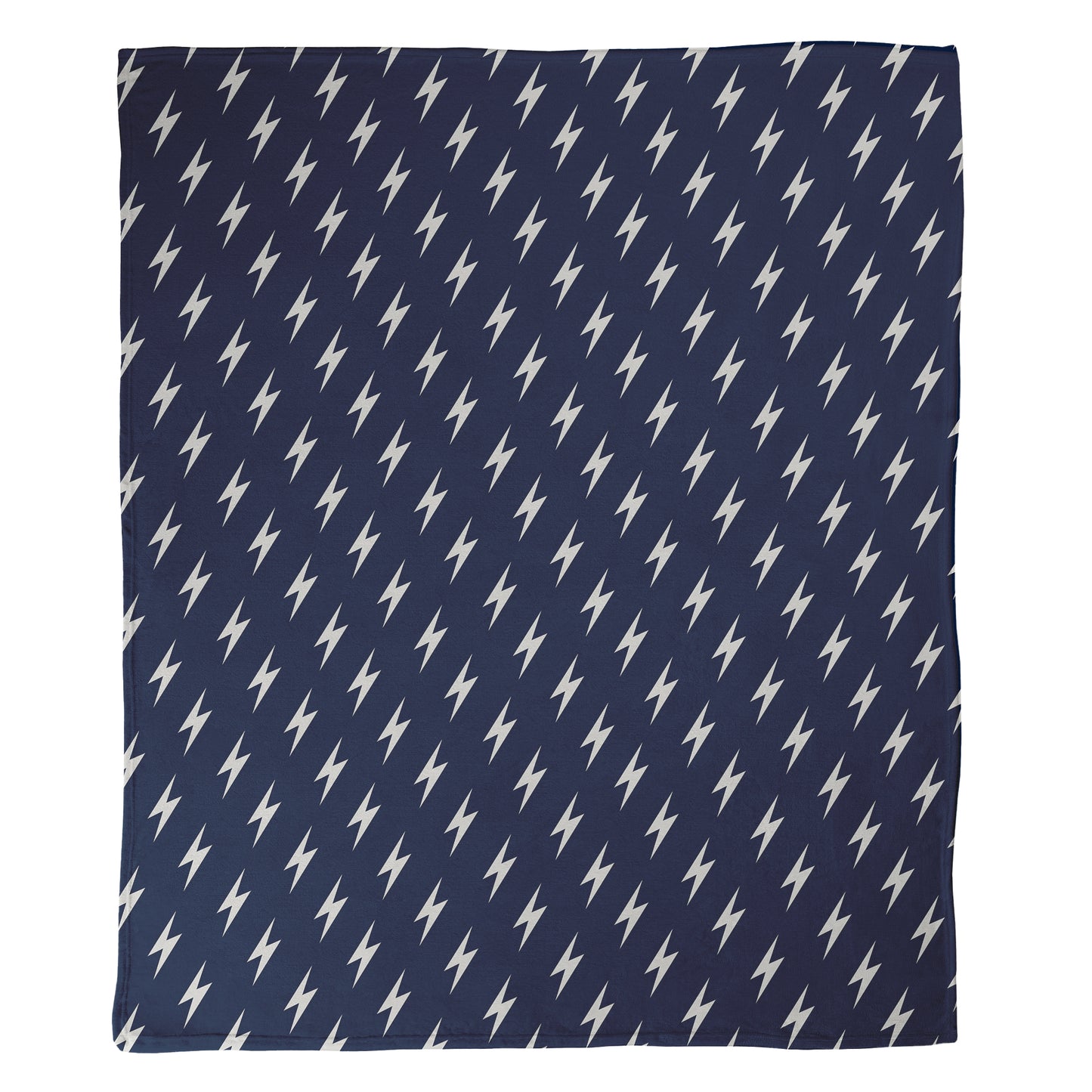 Navy blue background with white lightning bolt pattern printed on a minky fleece blanket.