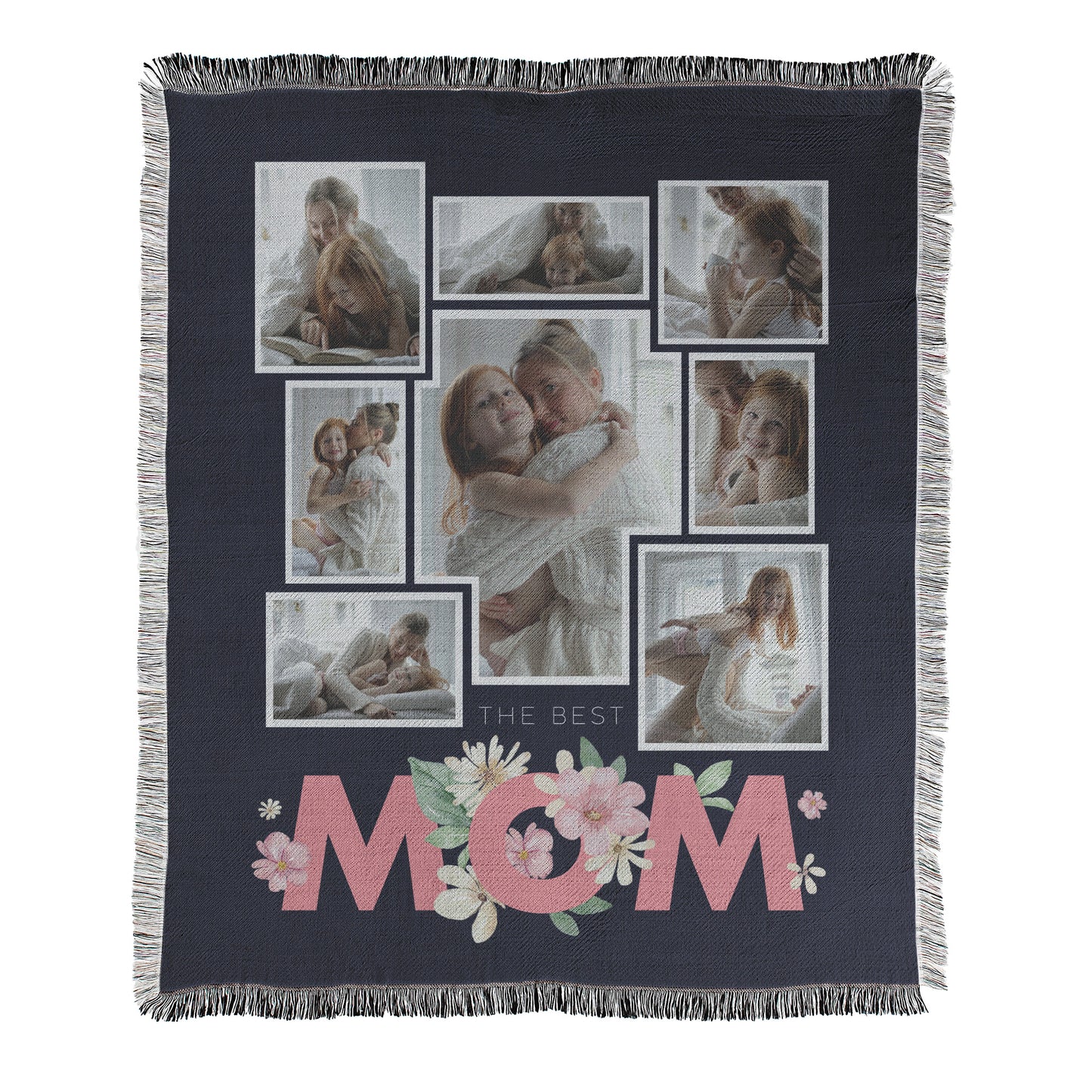 Personalized 8 photo collage blanket with 'The Best Mom' text printed on a woven cotton-polyester blanket with decorative fringed edges.
