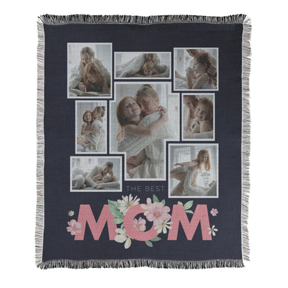Personalized 8 photo collage blanket with 'The Best Mom' text printed on a woven cotton-polyester blanket with decorative fringed edges.