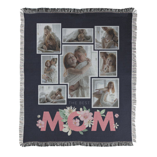 Personalized 8 photo collage blanket with 'The Best Mom' text printed on a woven cotton-polyester blanket with decorative fringed edges.