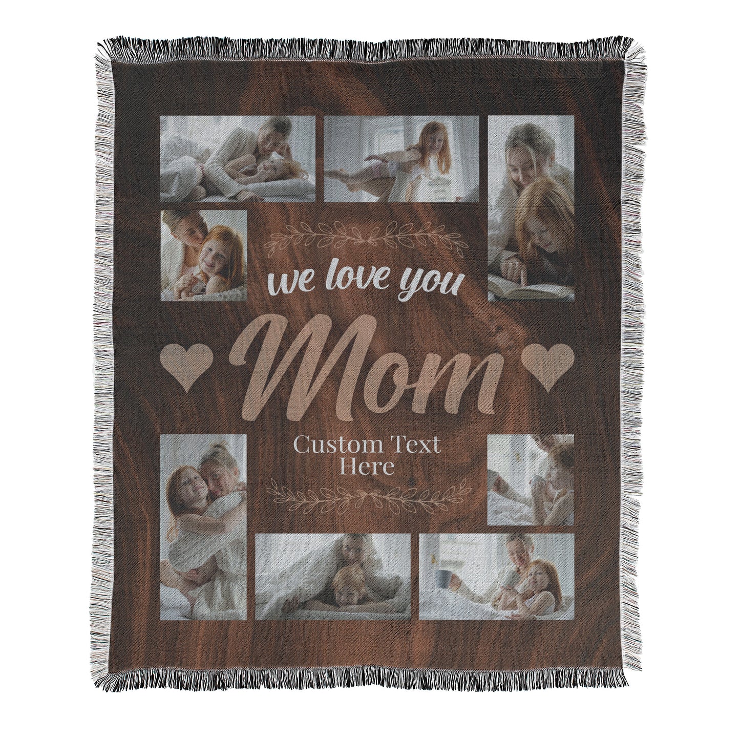 Custom 8 photo collage blanket for Mom's printed on a woven cotton-polyester blanket with decorative fringed edges.