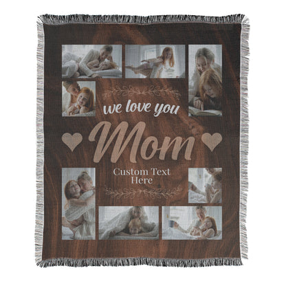 Custom 8 photo collage blanket for Mom's printed on a woven cotton-polyester blanket with decorative fringed edges.
