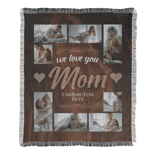 Custom 8 photo collage blanket for Mom's printed on a woven cotton-polyester blanket with decorative fringed edges.