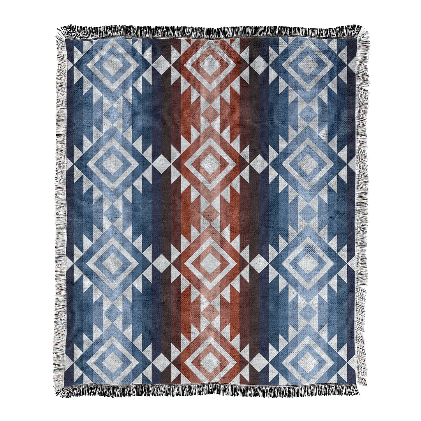 Geometric tribal inspired pattern in blue, red, and white colors printed on a cotton/polyester blend blanket with decorative fringed edges.