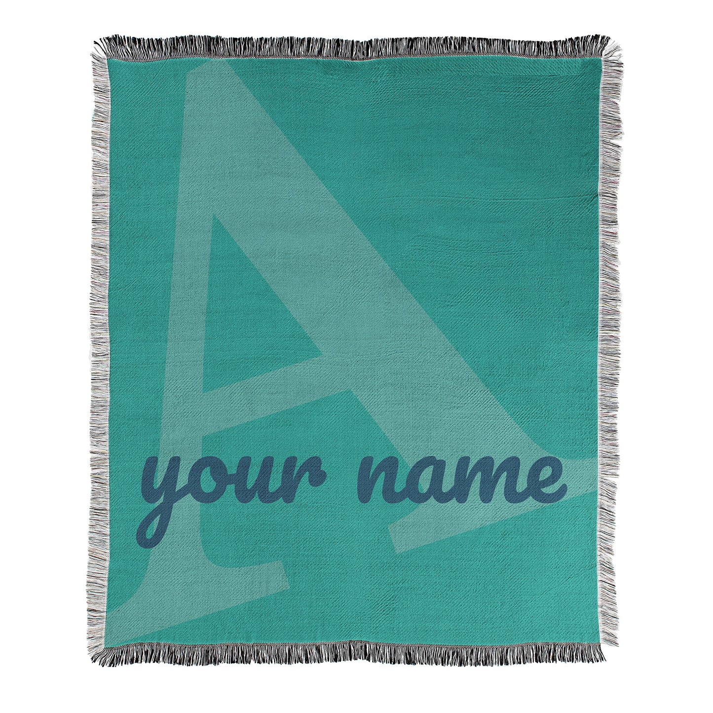 Teal blanket with a large letter 'A' and space for 'your name'