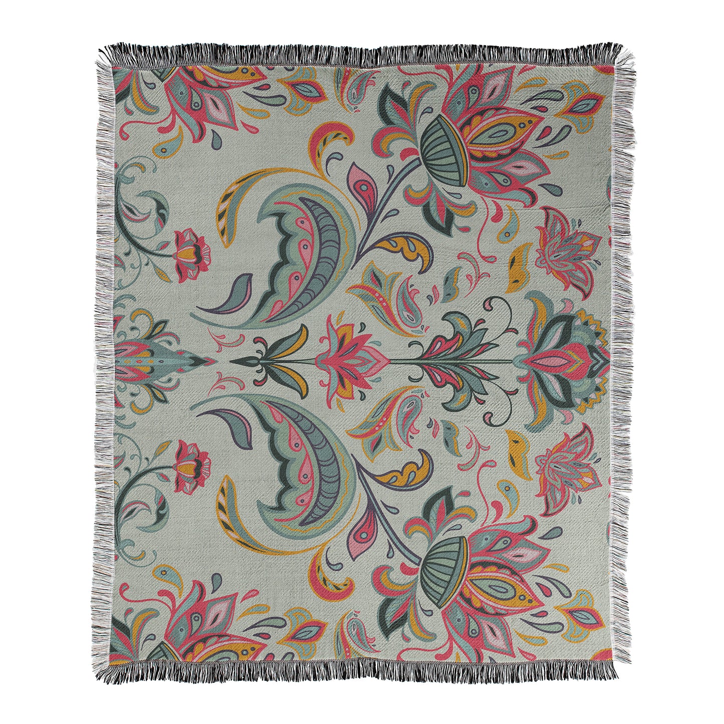 Colorful floral patterned printed on throw blanket with fringe.