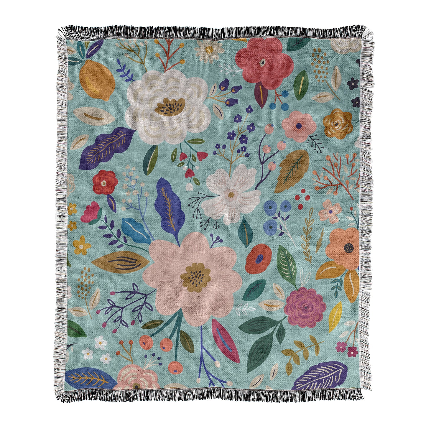 Floral patterned blanket with colorful flowers and leaves on a light blue background printed on woven cotton/polyester blend blanket with decorative fringed edges.