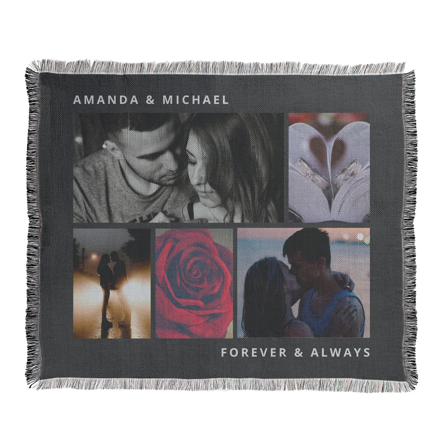 Personalized photo blanket with images of a couple and example text 'Amanda & Michael Forever & Always' on a blanket with decorative fringed edges.