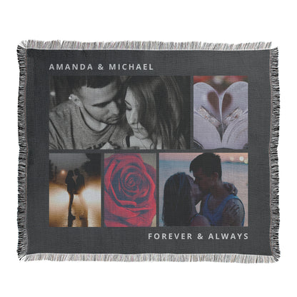 Personalized photo blanket with images of a couple and example text 'Amanda & Michael Forever & Always' on a blanket with decorative fringed edges.