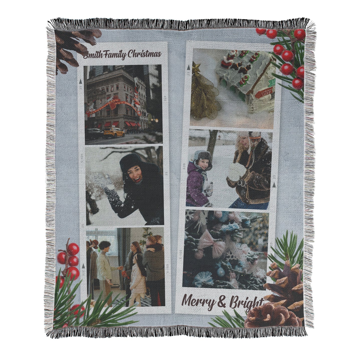 Personalized photo collage blanket with Christmas-themed border and text.
