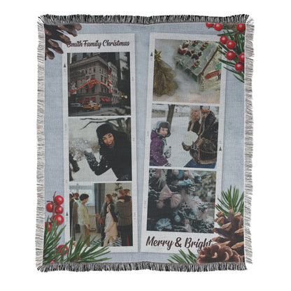 Personalized photo collage blanket with Christmas-themed border and text.