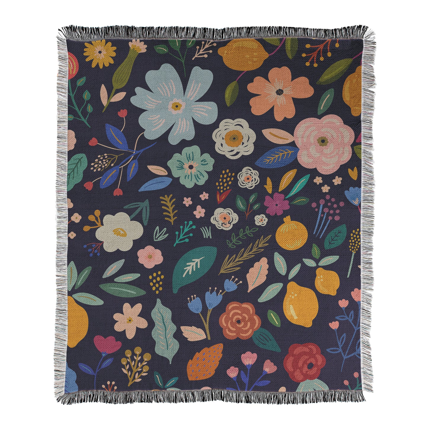 Floral patterned blanket with colorful flowers and leaves on a dark blue background printed on woven cotton/polyester blend blanket with decorative fringed edges.