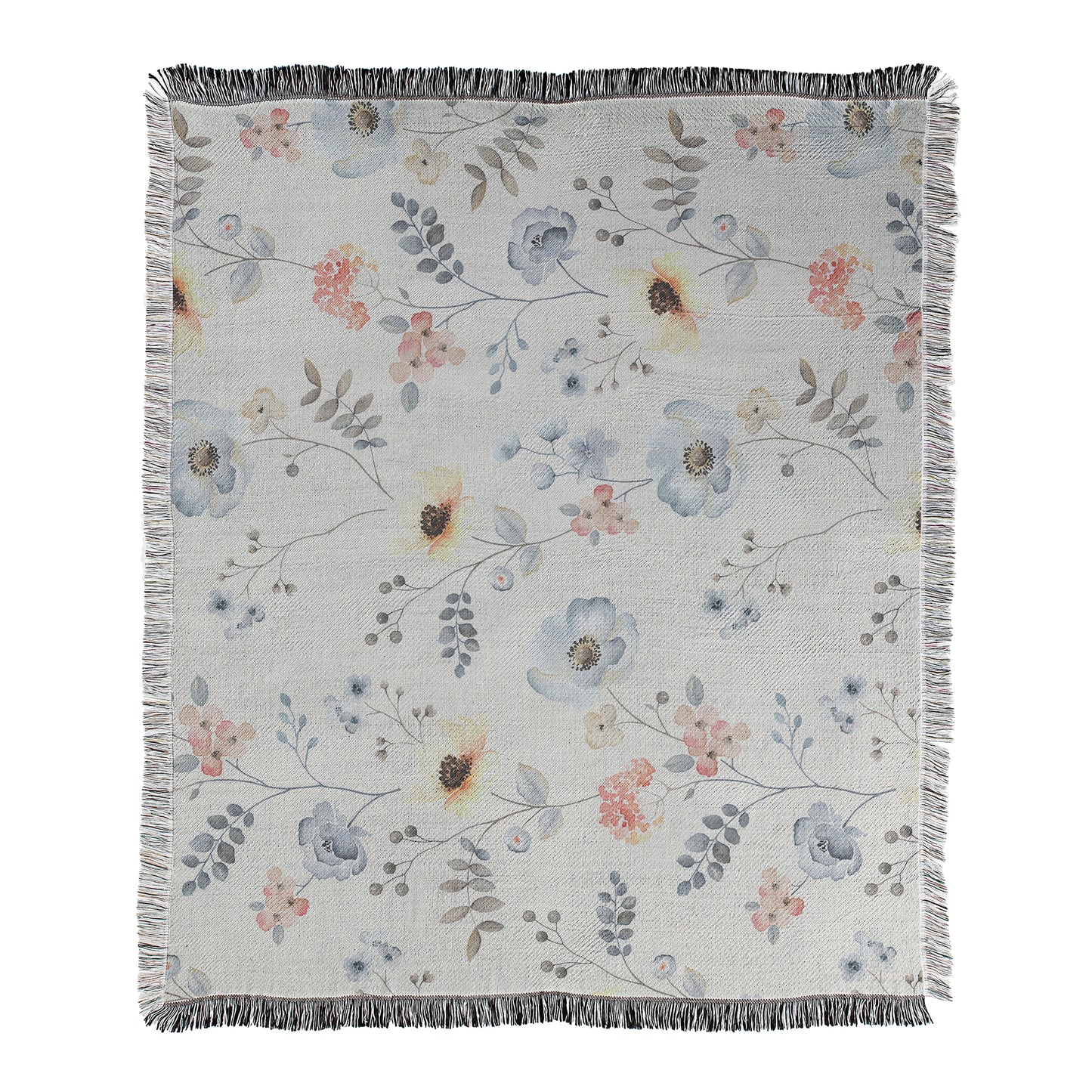 Floral patterned blanket with colorful flowers and leaves on a light background printed on woven cotton/polyester blend blanket with decorative fringed edges.