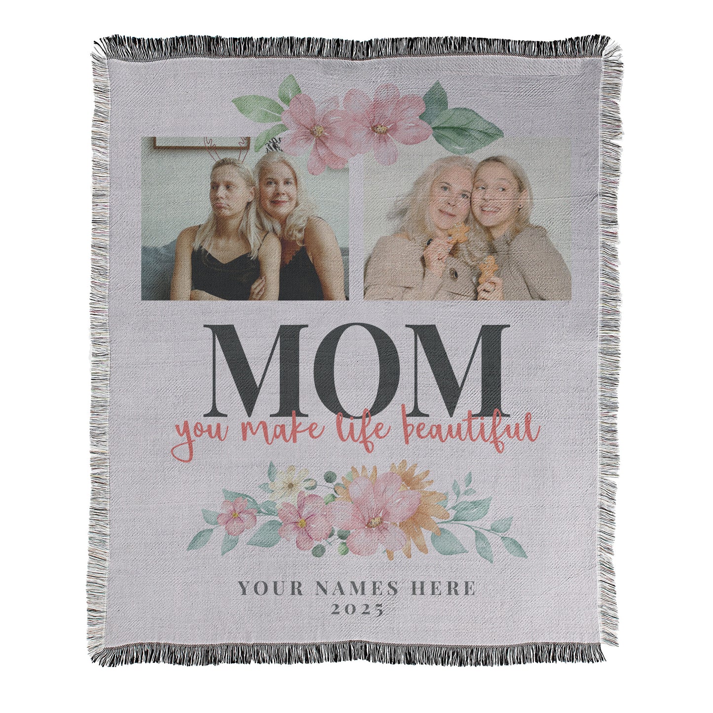Personalized 2 photo Mother's Day themed blanket with decorative fringed edges.