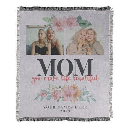 Personalized 2 photo Mother's Day themed blanket with decorative fringed edges.