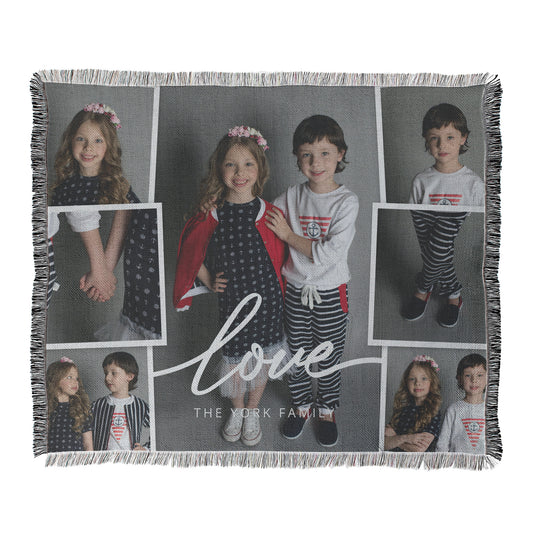 Personalized photo blanket with children's portraits and the word 'love' displayed.