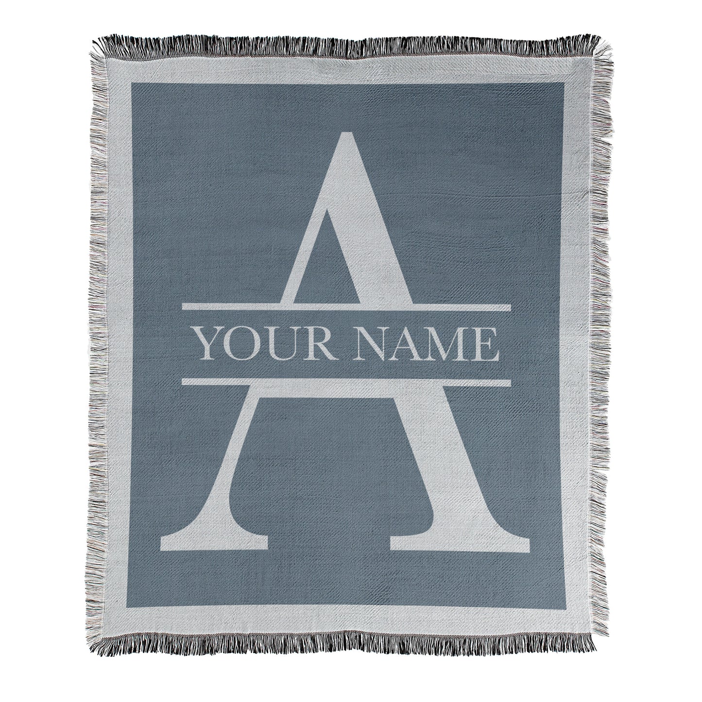 Blanket with a large letter 'A' and example text displaying 'Your Name' on a blue blanket with decorative fringe edges