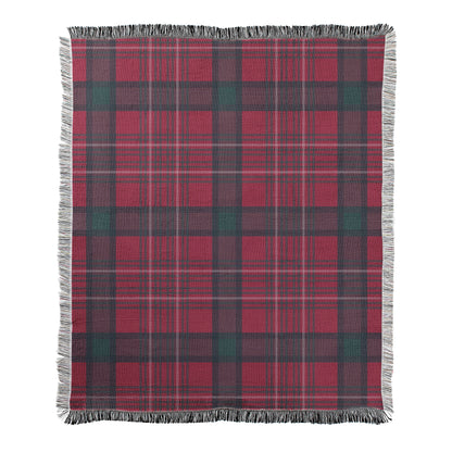 Traditional red plaid pattern printed on a woven fleece blanket with decorative fringed edges.