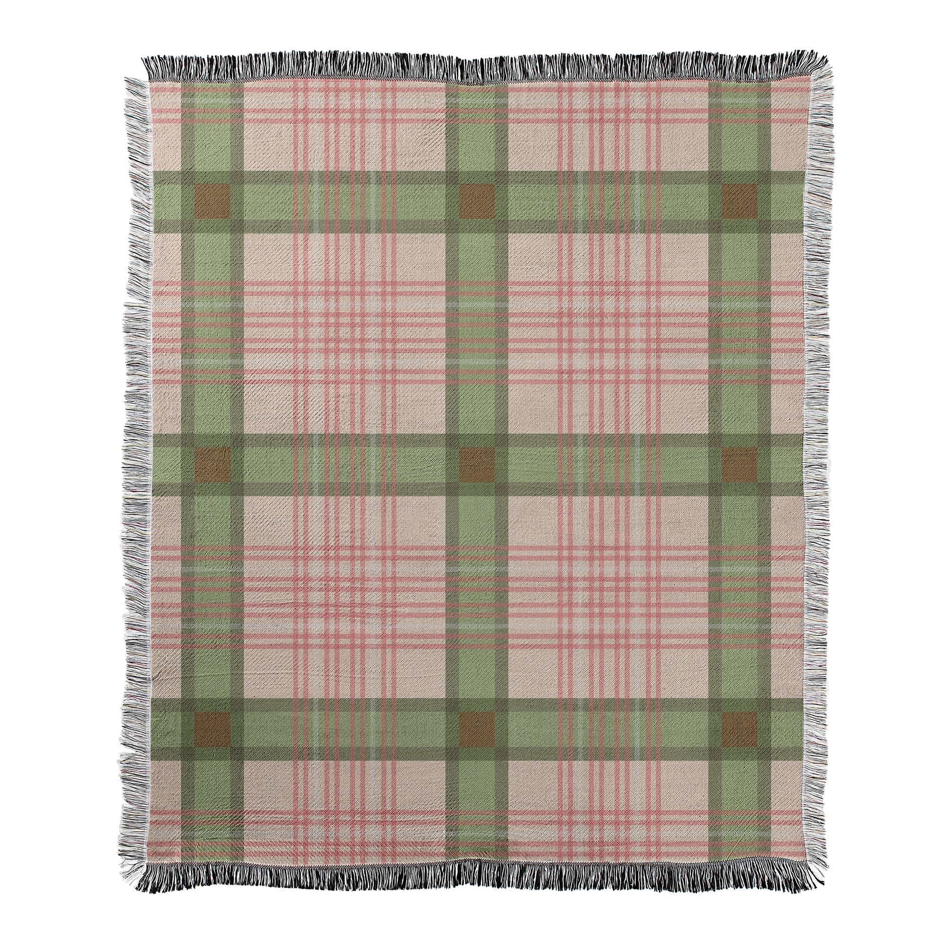 Blush pink with sage green plaid design printed on a woven fleece blanket with decorative fringed edges.