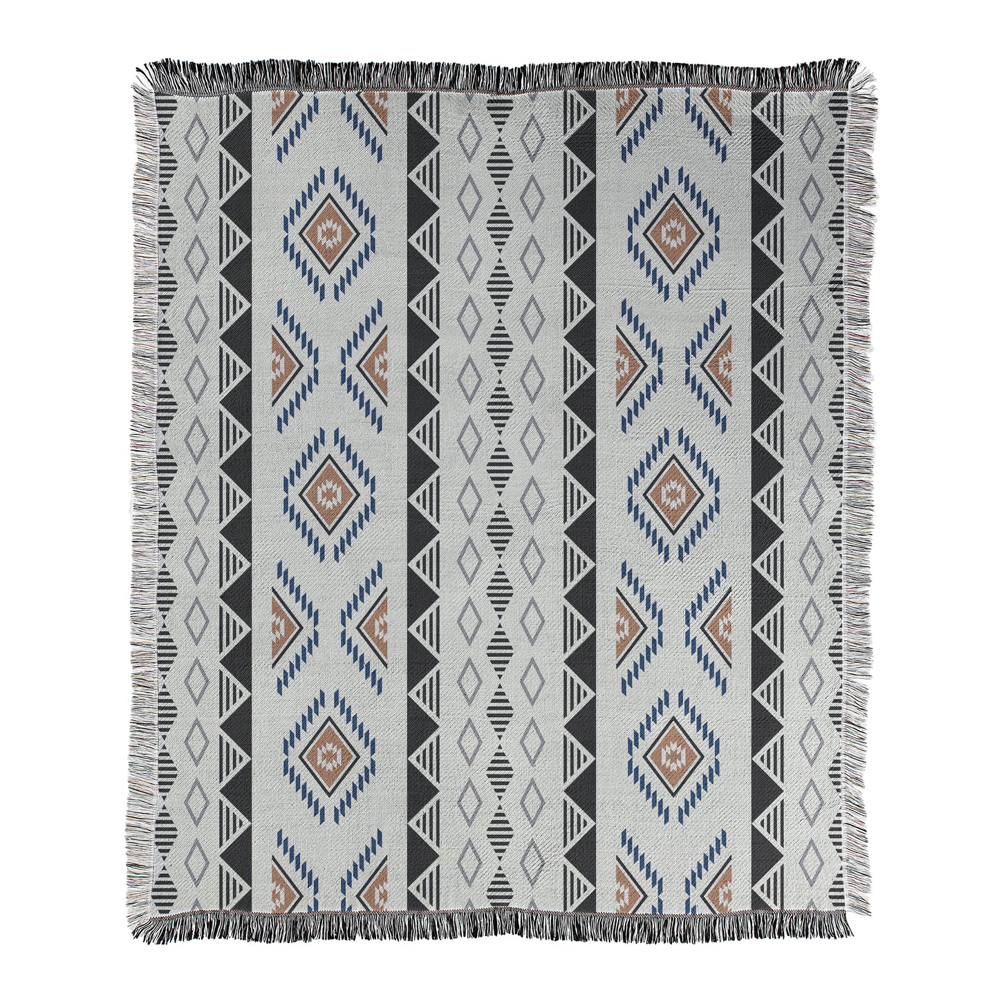 Geometric zig zag pattern printed on a woven cotton/polyester blend blanket with decorative fringed edges.