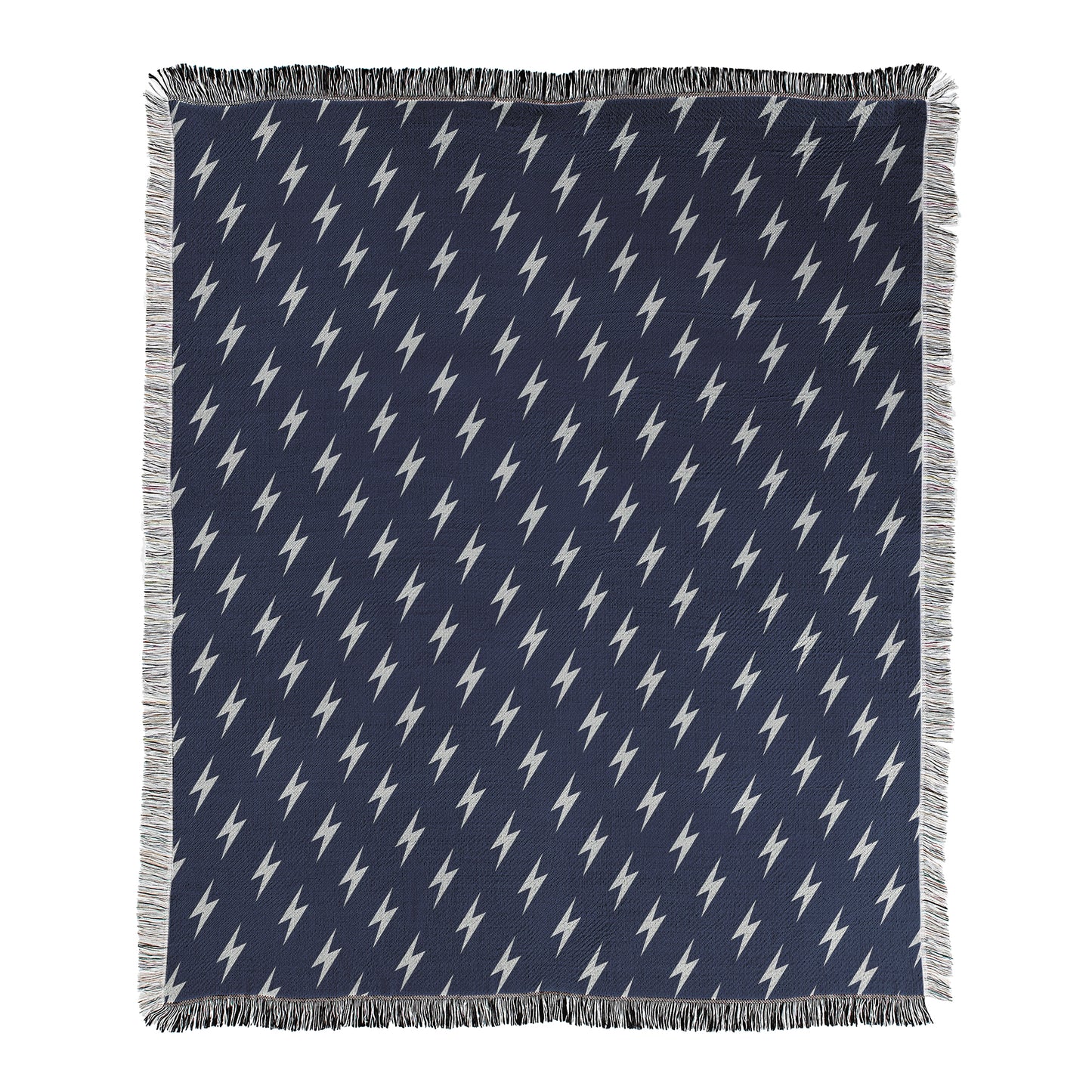 Navy blue background with white lightning bolt pattern printed on a woven cotton/polyester blend blanket.